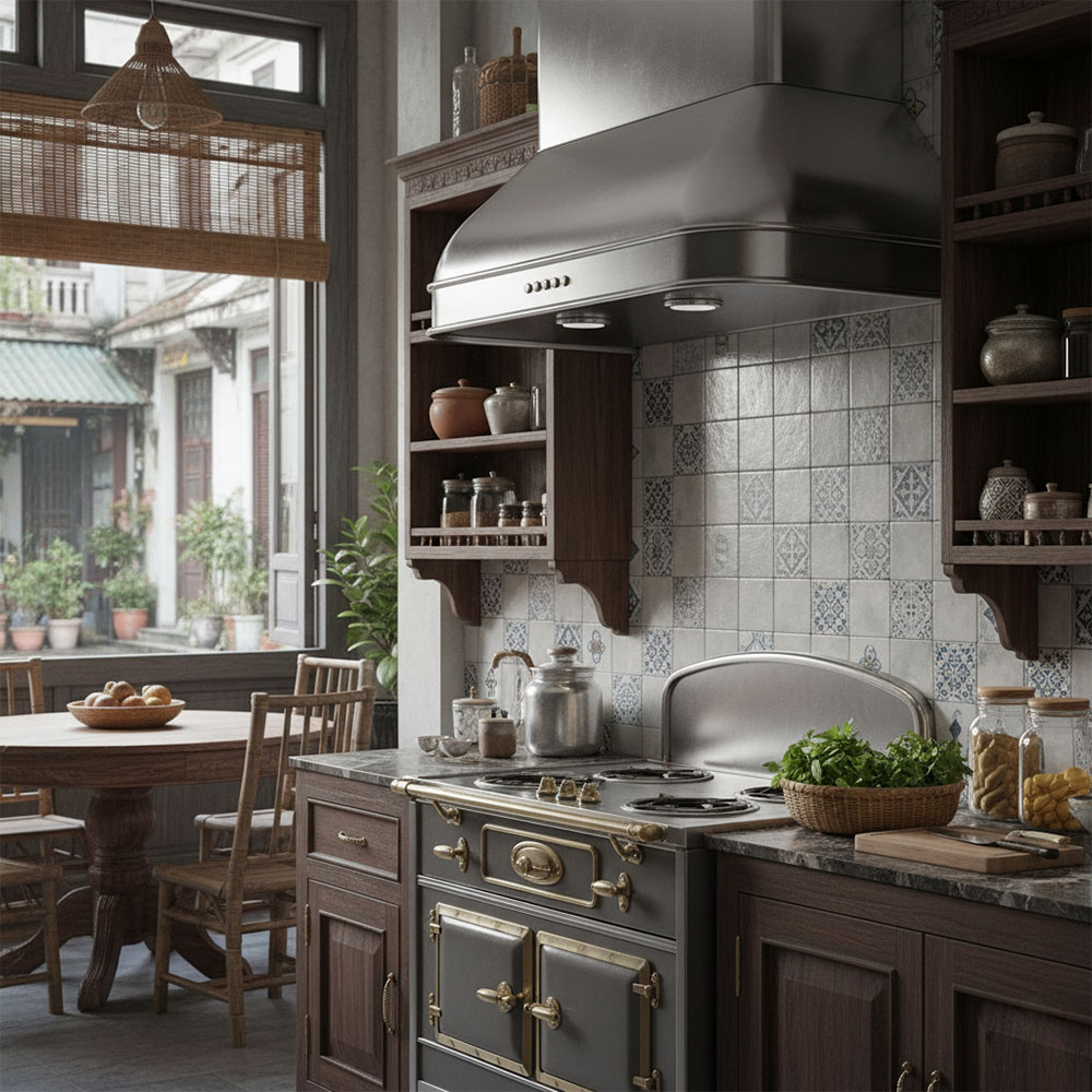 Máy hút mùi cổ điển áp tường bằng inox trong bếp phố truyền thống Máy hút mùi cổ điển áp tường bằng inox trong bếp phố truyền thống