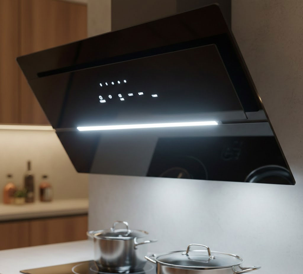 Bảng điều khiển cảm ứng và đèn LED của máy hút mùi kính vát sang trọng Bảng điều khiển cảm ứng và đèn LED của máy hút mùi kính vát sang trọng