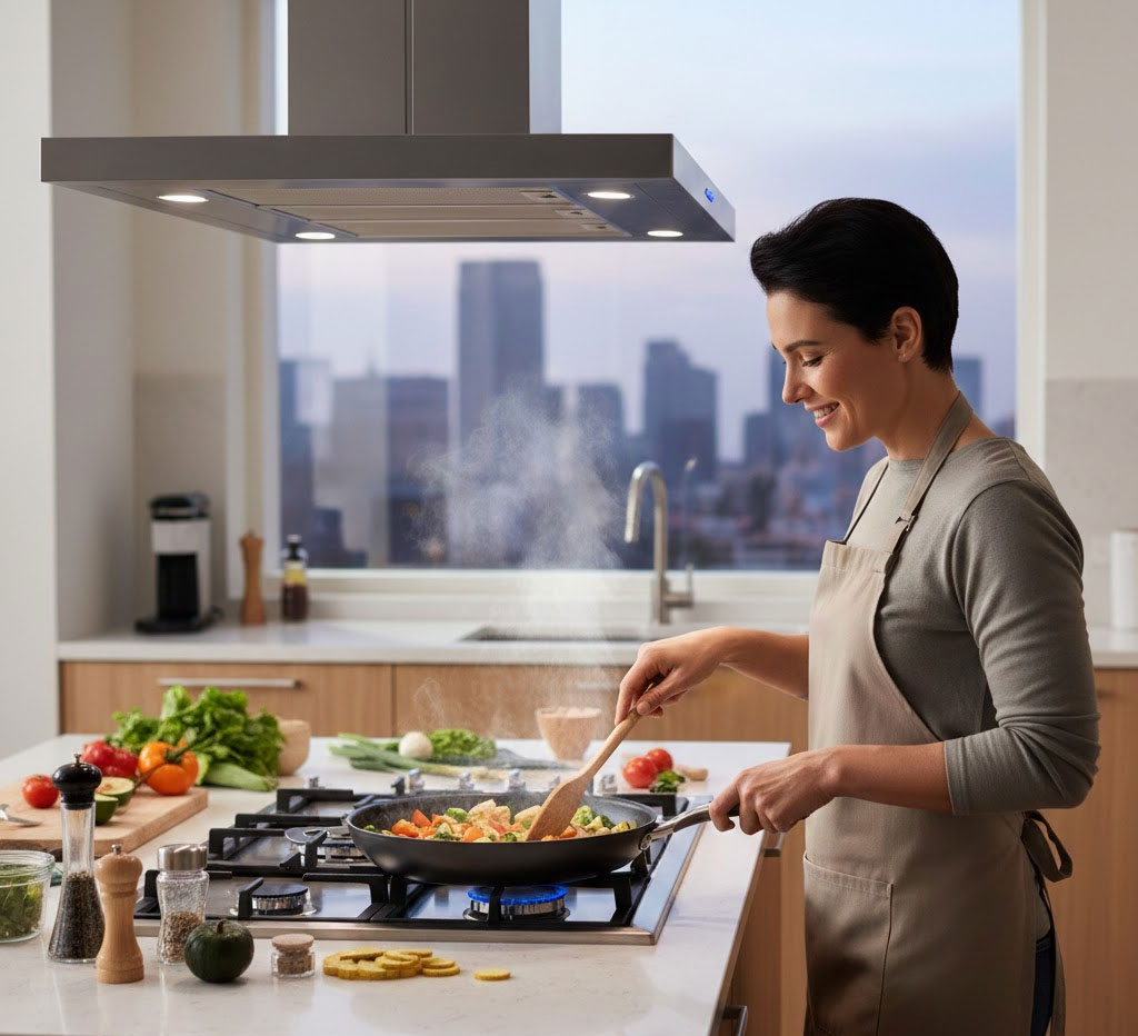 Người dùng nấu ăn trong không gian bếp với máy hút mùi êm ái Người dùng nấu ăn trong không gian bếp với máy hút mùi êm ái