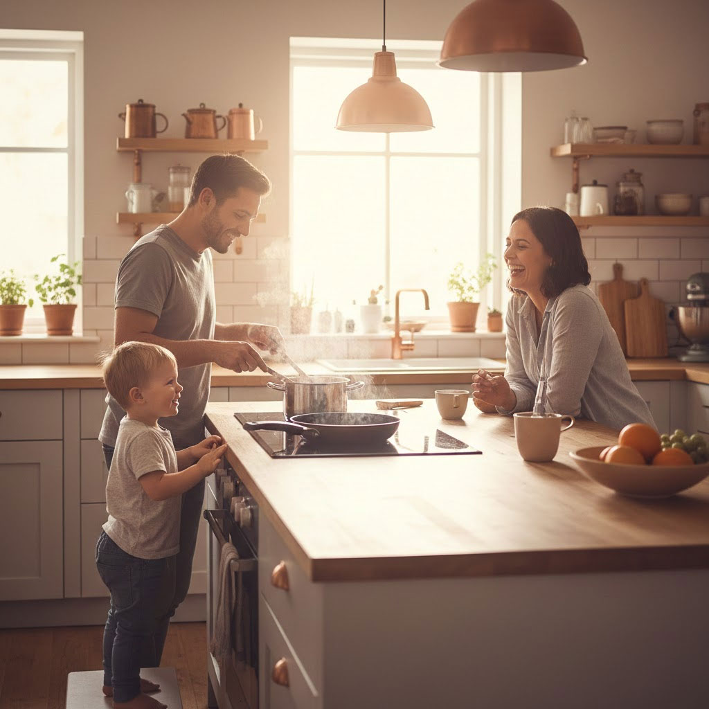 Gia đình nấu ăn với bếp từ trong không gian bếp sáng ấm và an toàn Gia đình nấu ăn với bếp từ trong không gian bếp sáng ấm và an toàn