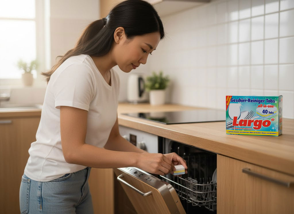 Người nội trợ hiện đại sử dụng viên rửa bát Largo All-in-one trong căn bếp sang trọng Người nội trợ hiện đại sử dụng viên rửa bát Largo All-in-one trong căn bếp sang trọng