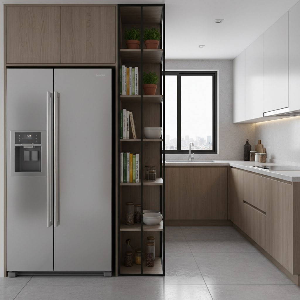 Kệ ngăn cách giữa bếp và tủ lạnh để giảm xung
