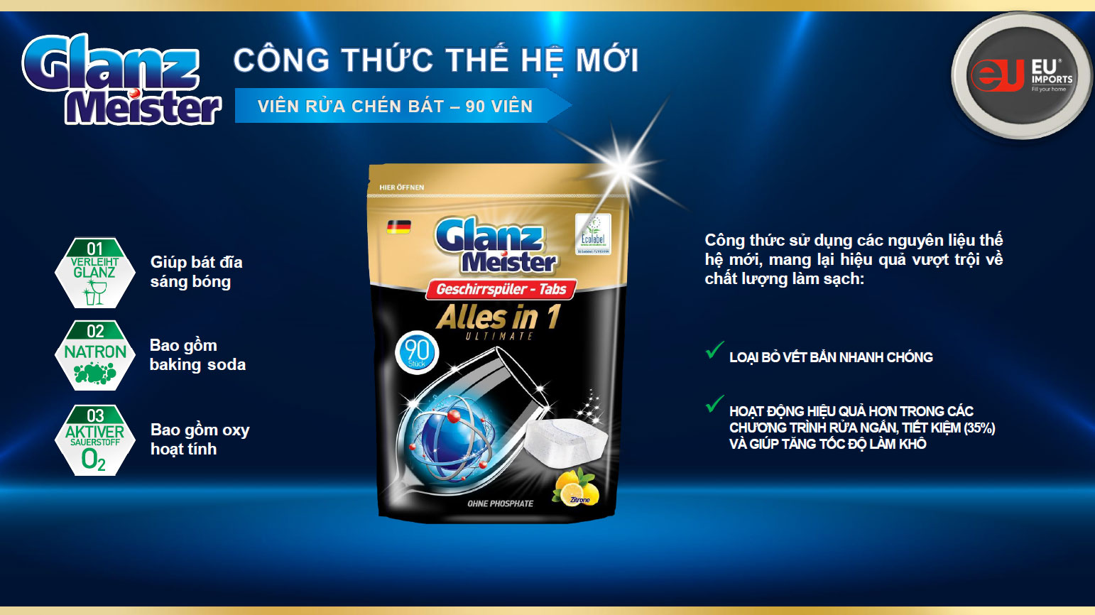 Viên rửa bát Glanz Meister chứa baking soda và oxy hoạt tính