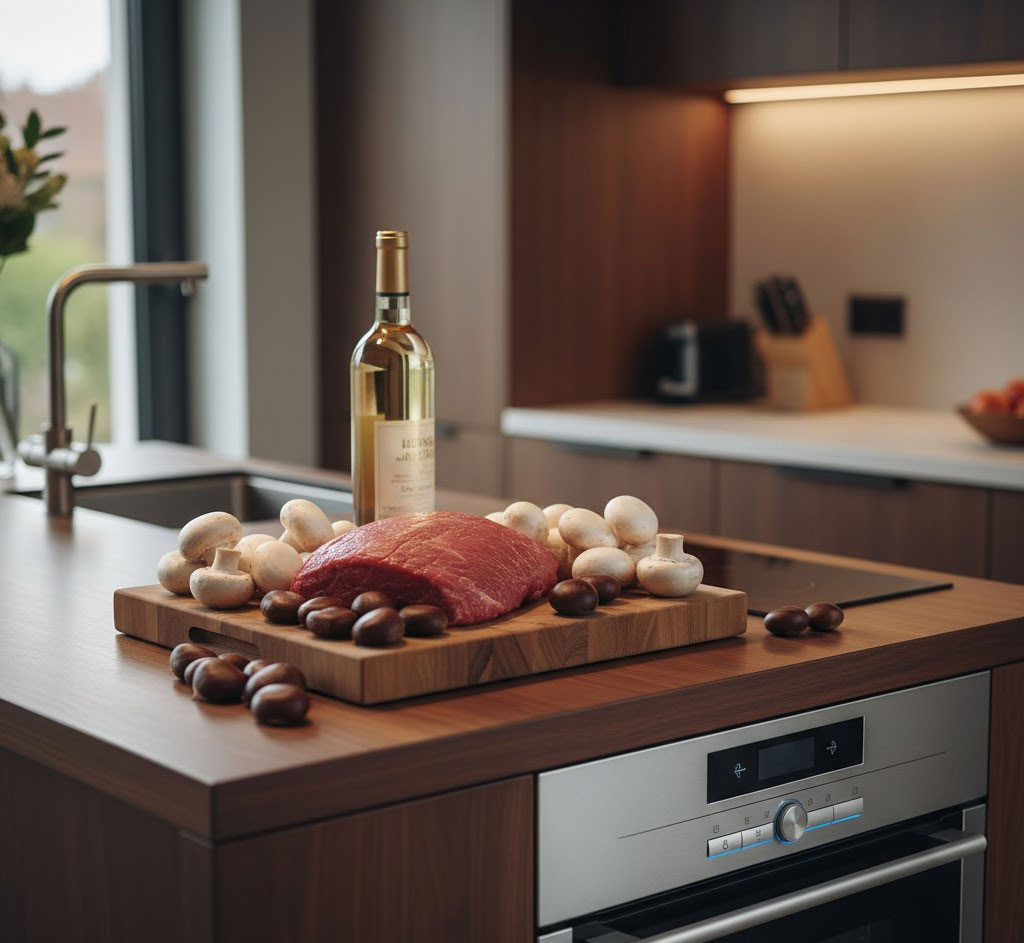 Bàn bếp với nguyên liệu tươi và thiết bị Bosch hiện đại Bàn bếp với nguyên liệu tươi và thiết bị Bosch hiện đại