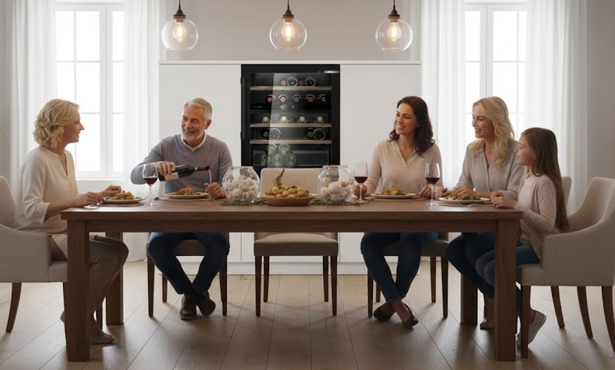 bữa tiệc gia đình với tủ rượu phía sau