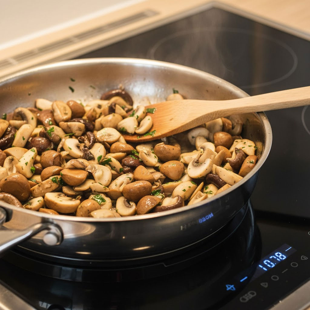 Hỗn hợp nấm và hạt dẻ đang được đảo trong chảo inox sáng bóng Hỗn hợp nấm và hạt dẻ đang được đảo trong chảo inox sáng bóng