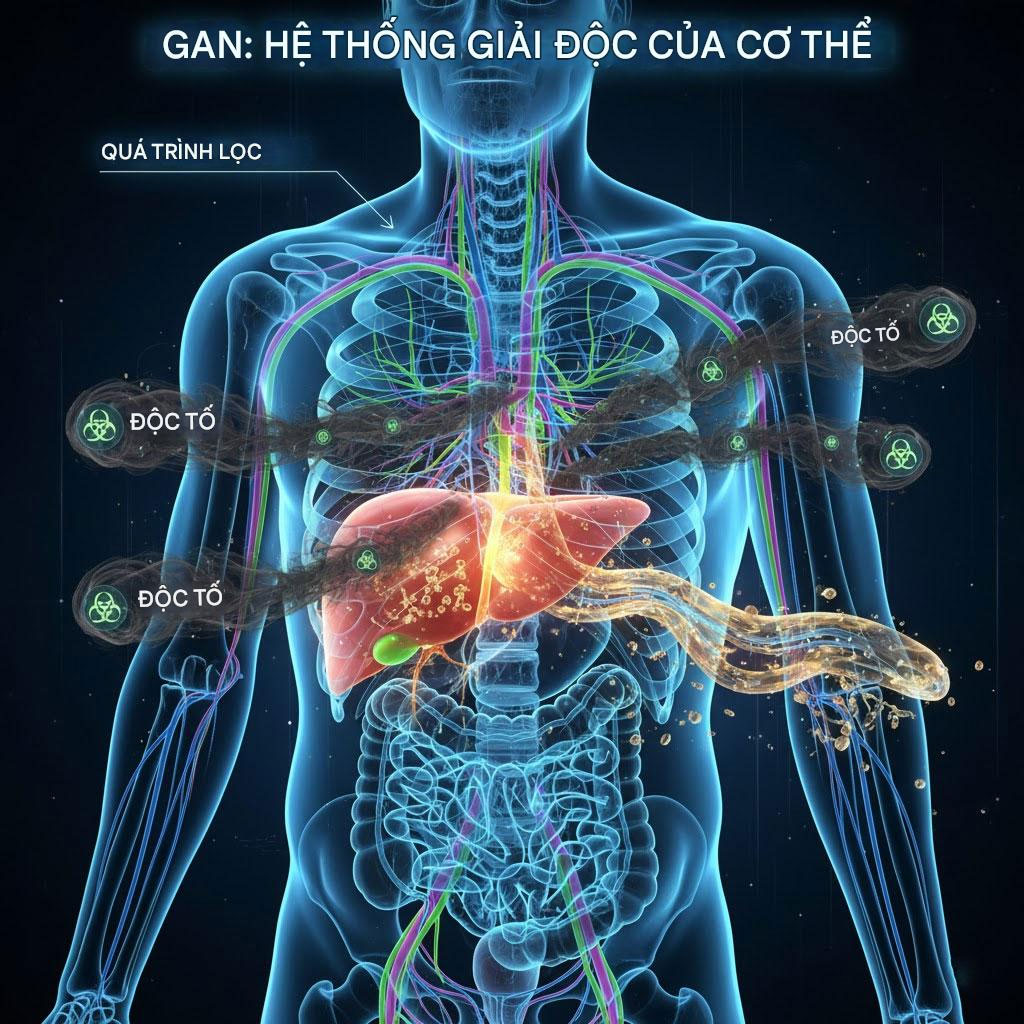 Ảnh X-quang cơ thể người hiển thị vị trí gan và các cơ quan khác