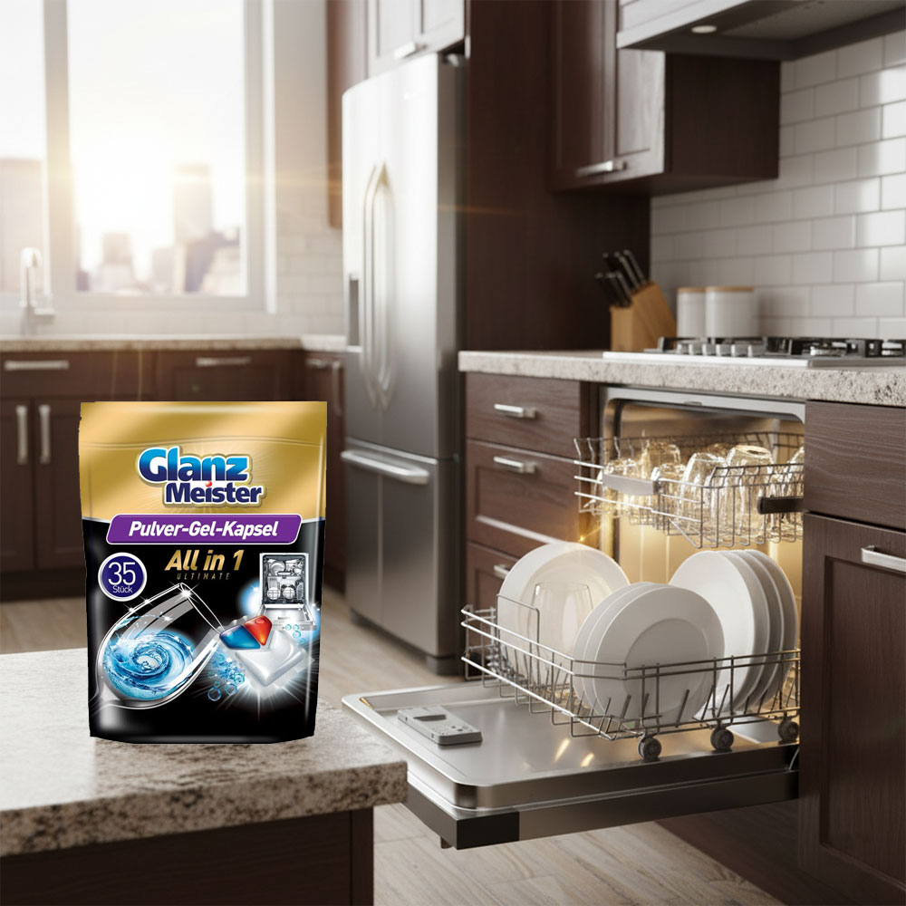 Viên rửa bát Glanz Meister 35 viên được thiết kế dưới dạng viên nang tan hoàn toàn trong nước