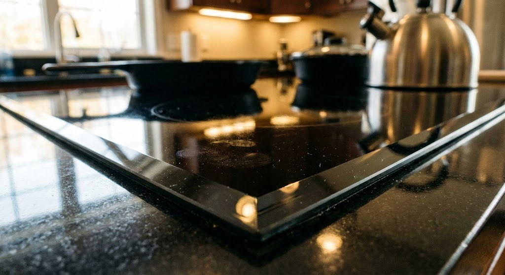 Cận cảnh mặt kính bếp từ bóng mịn và cạnh kính hoàn thiện tinh xảo Cận cảnh mặt kính bếp từ bóng mịn và cạnh kính hoàn thiện tinh xảo