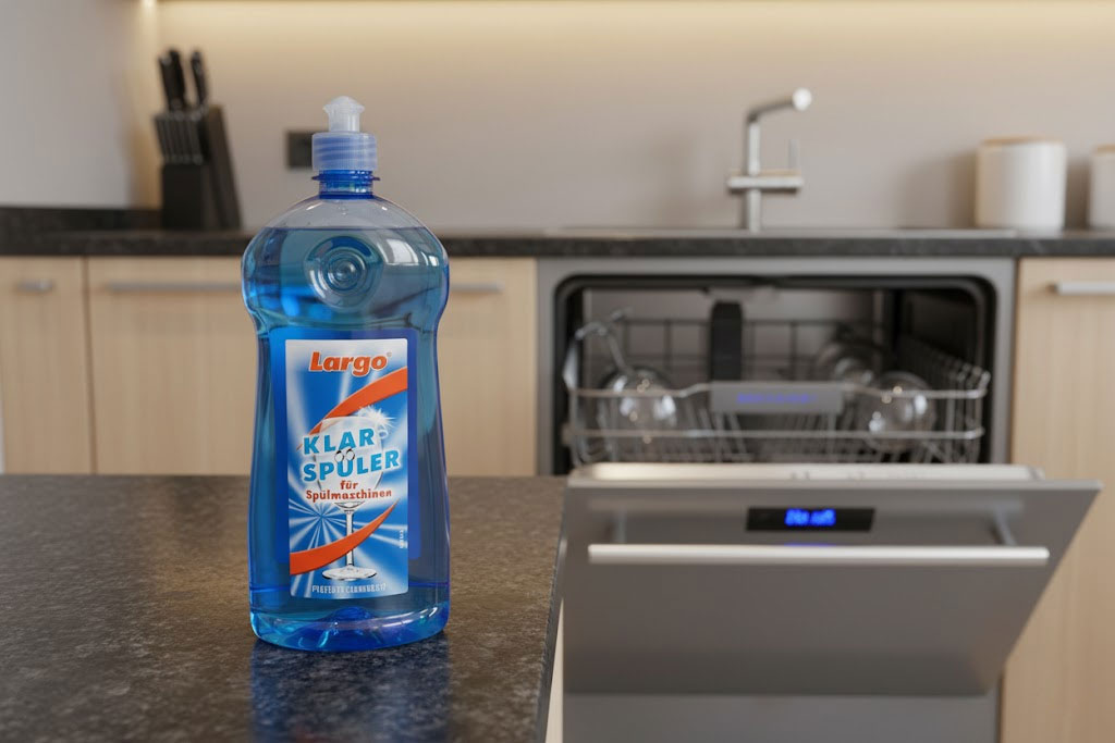 chai dung dịch làm bóng với thiết kế hiện đại, nhãn hiệu tinh tế, đặt cạnh một máy rửa bát sang trọng