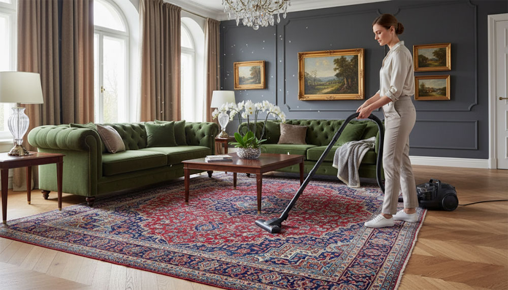 Máy hút bụi có dây đang hoạt động trong phòng khách với dây điện