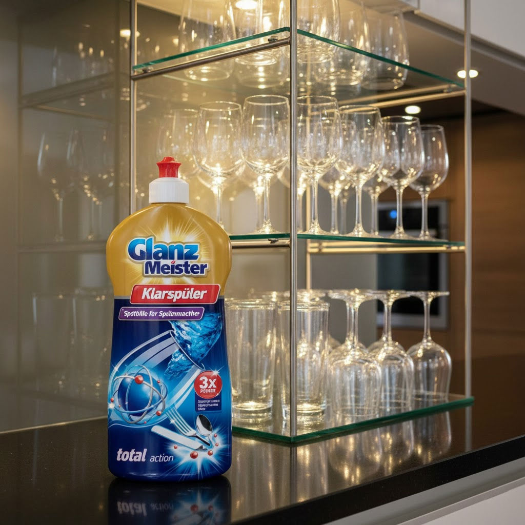 Chai nước trợ xả cạnh kệ ly thủy tinh với ánh đèn bếp phản chiếu sáng Chai nước trợ xả cạnh kệ ly thủy tinh với ánh đèn bếp phản chiếu sáng