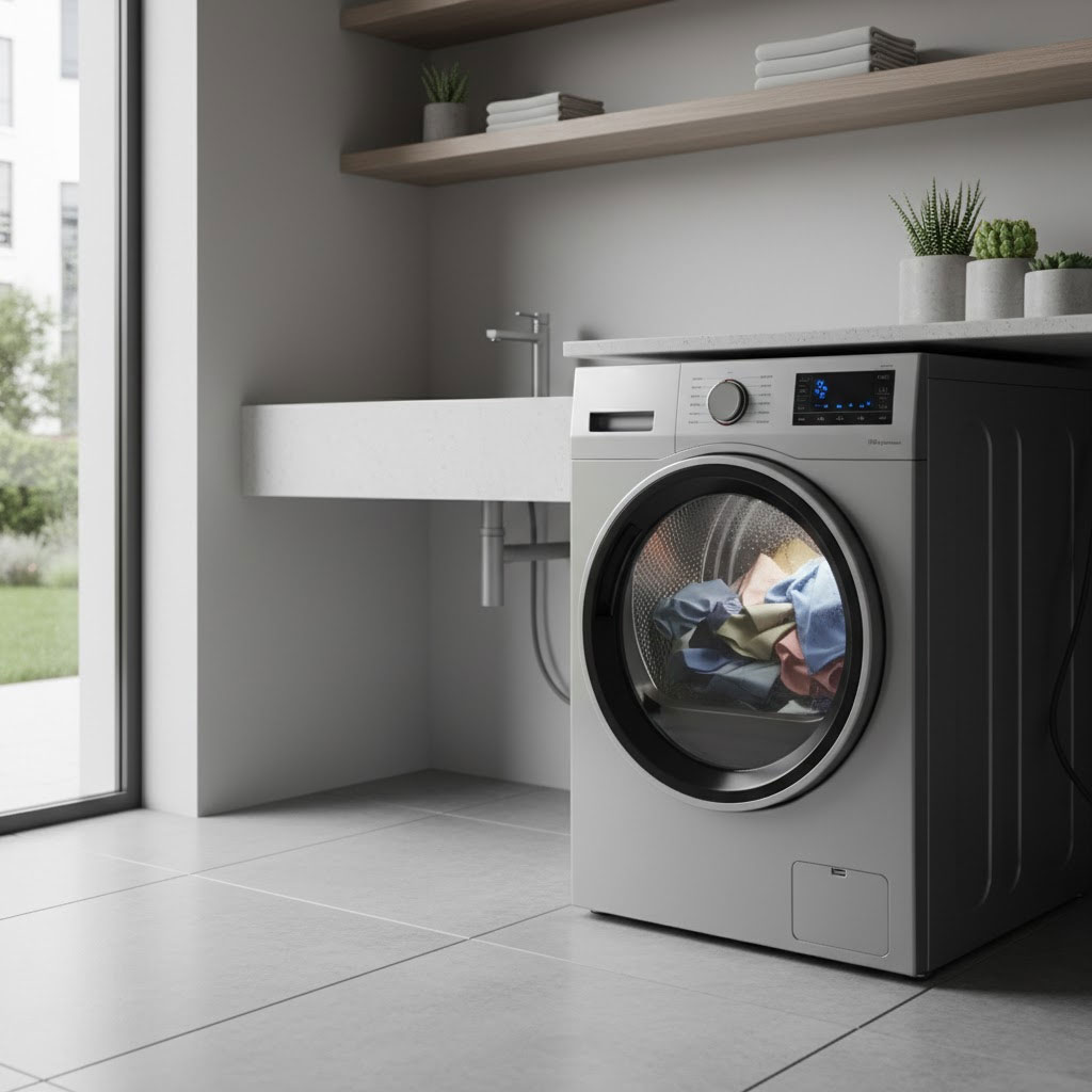 Máy sấy lồng ngang đang vận hành với quần áo bên trong