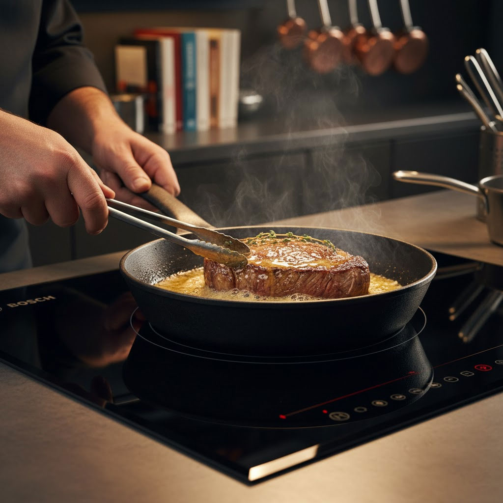 Đầu bếp áp chảo thăn bò trên bếp từ Bosch vàng óng Đầu bếp áp chảo thăn bò trên bếp từ Bosch vàng óng