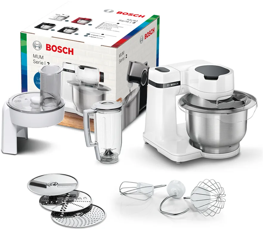 Bộ phụ kiện đa dạng của máy xay Bosch MUMS2EW20 hỗ trợ nhiều chức năng trong bếp