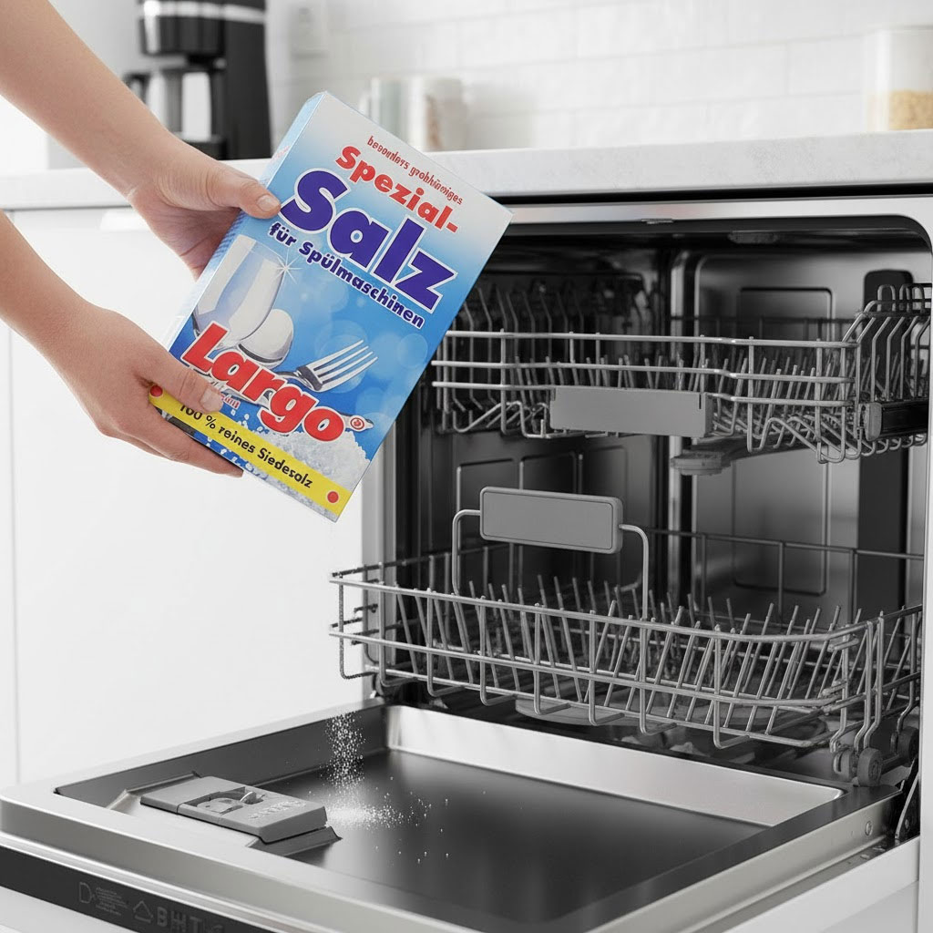 Muối rửa bát Largo được đổ vào ngăn máy rửa bát Muối rửa bát Largo được đổ vào ngăn máy rửa bát