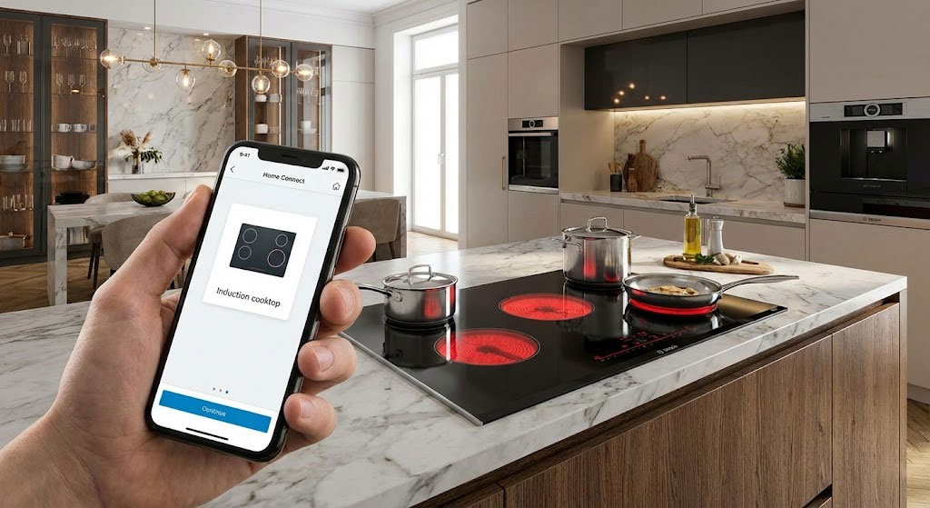 Ứng dụng Home Connect điều khiển bếp từ Bosch trên điện thoại trong không gian bếp sang trọng Ứng dụng Home Connect điều khiển bếp từ Bosch trên điện thoại trong không gian bếp sang trọng