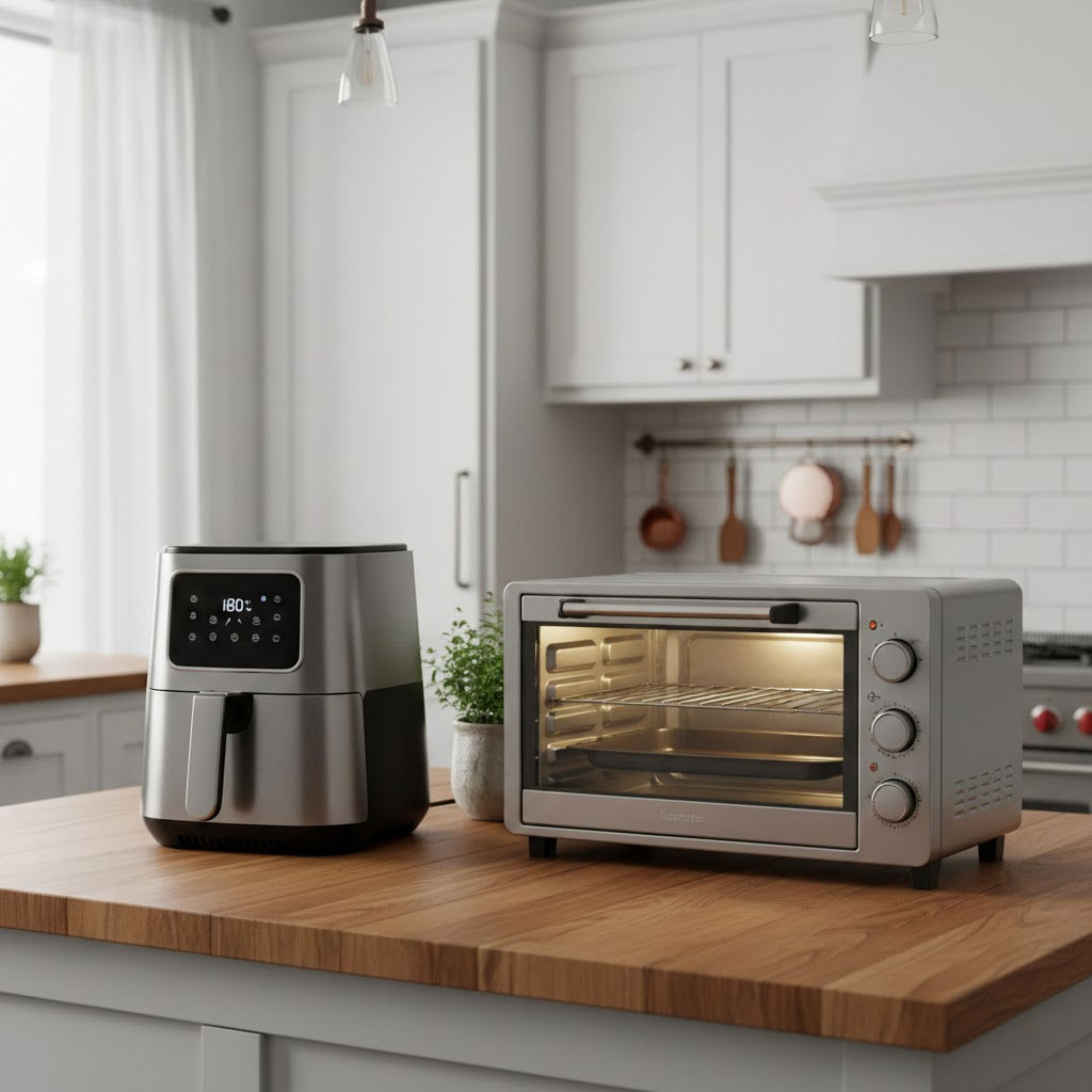 Hai thiết bị nồi chiên và lò nướng đặt cạnh nhau trong bếp tông trắng Hai thiết bị nồi chiên và lò nướng đặt cạnh nhau trong bếp tông trắng