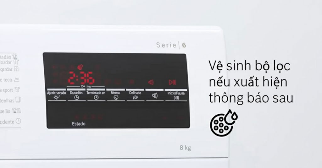 Biểu tượng cảnh báo vệ sinh bộ lọc trên màn hình máy sấy Bosch Biểu tượng cảnh báo vệ sinh bộ lọc trên màn hình máy sấy Bosch