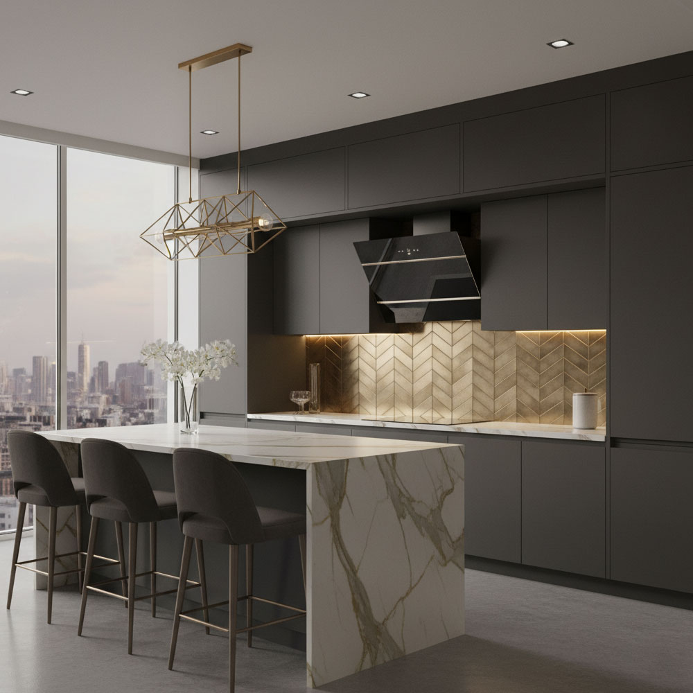 Máy hút mùi cách tân thiết kế mặt kính nghiêng trong căn hộ hiện đại Máy hút mùi cách tân thiết kế mặt kính nghiêng trong căn hộ hiện đại