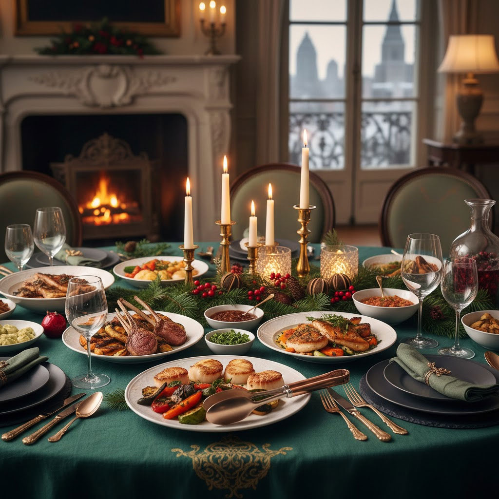 Bàn tiệc tất niên sang trọng với món áp chảo và ánh nến Bàn tiệc tất niên sang trọng với món áp chảo và ánh nến