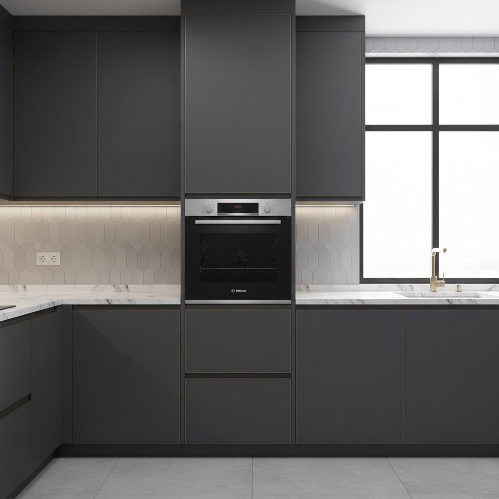 Bố trí lò nướng âm trong tủ bếp chữ I sang trọng Bố trí lò nướng âm trong tủ bếp chữ I sang trọng