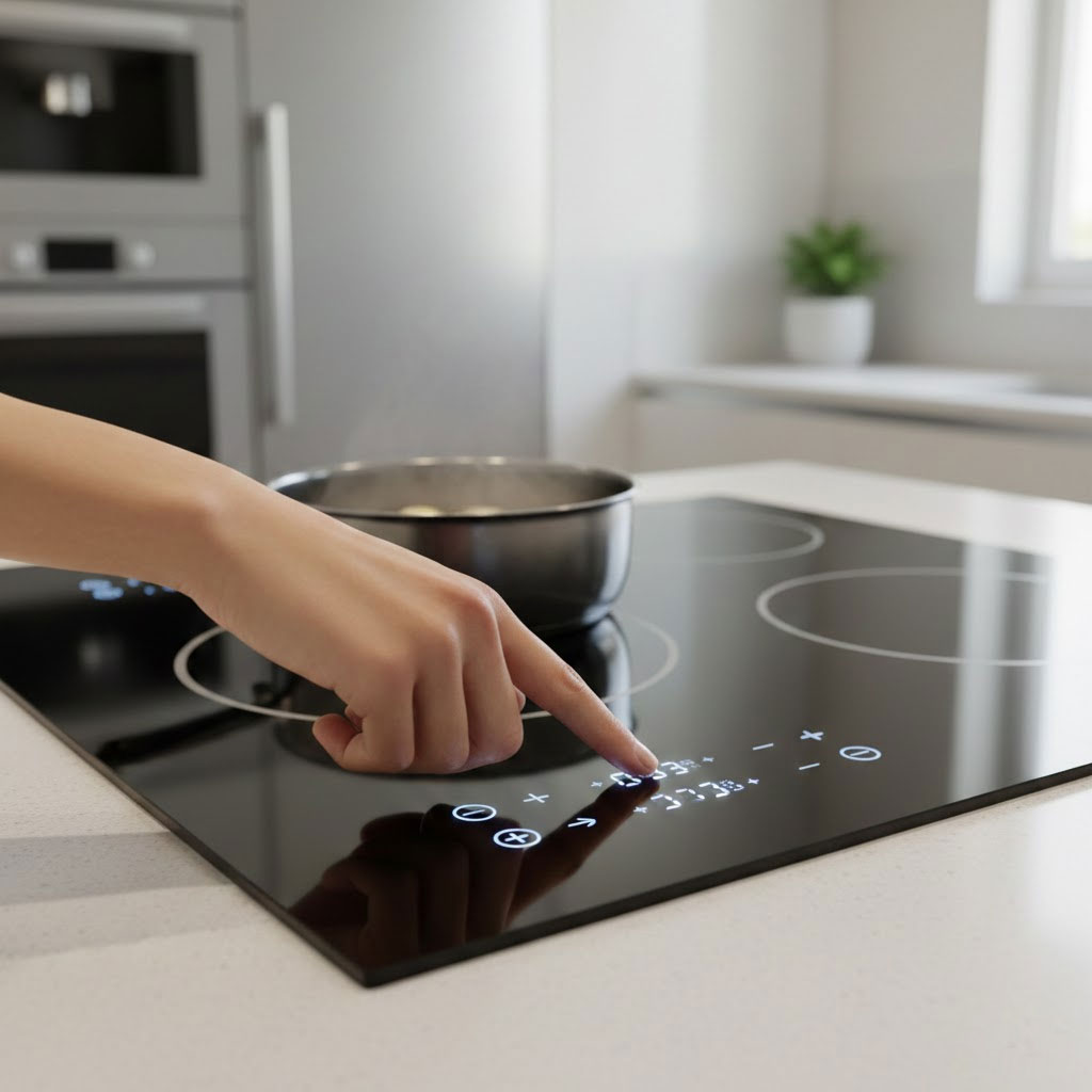 Thao tác bảng điều khiển cảm ứng bếp từ với giao diện sáng rõ Thao tác bảng điều khiển cảm ứng bếp từ với giao diện sáng rõ