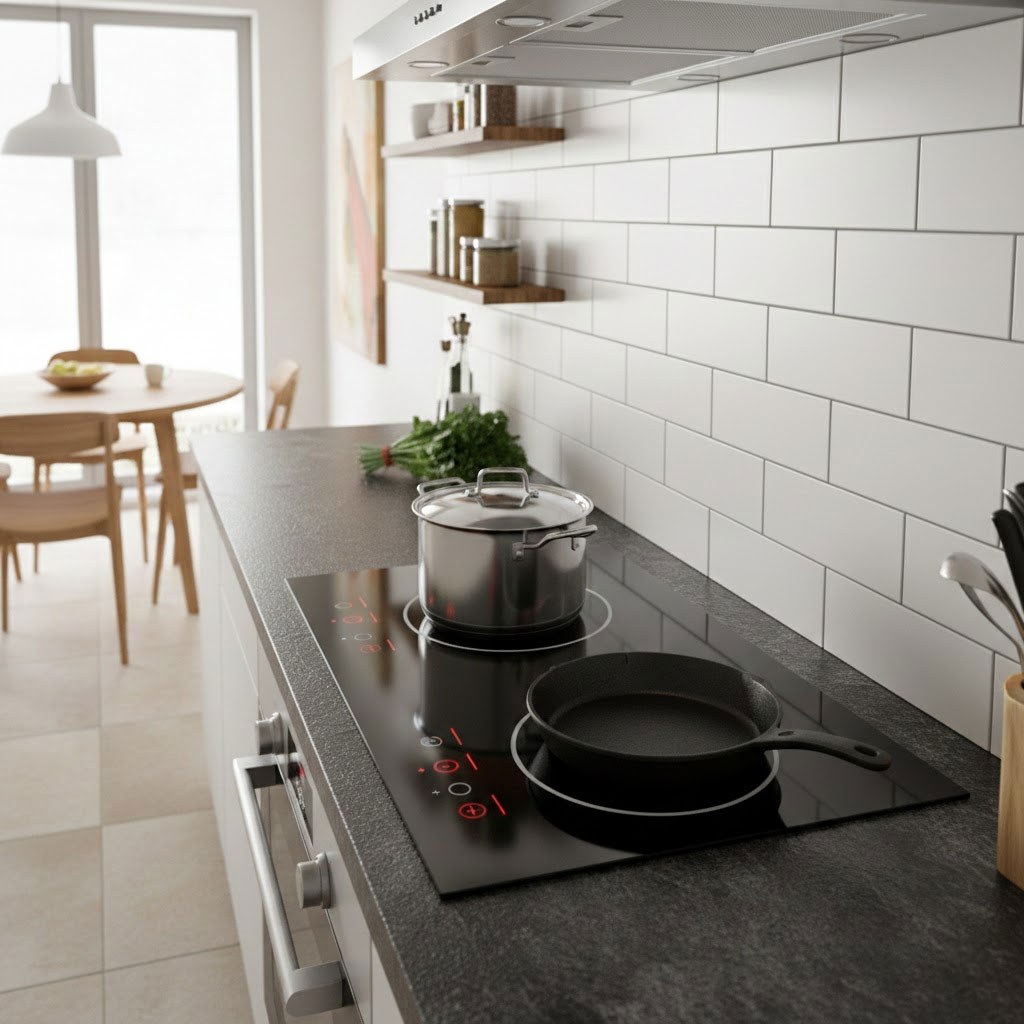 vùng nấu cảm ứng trên bếp từ với bảng điều khiển cảm ứng