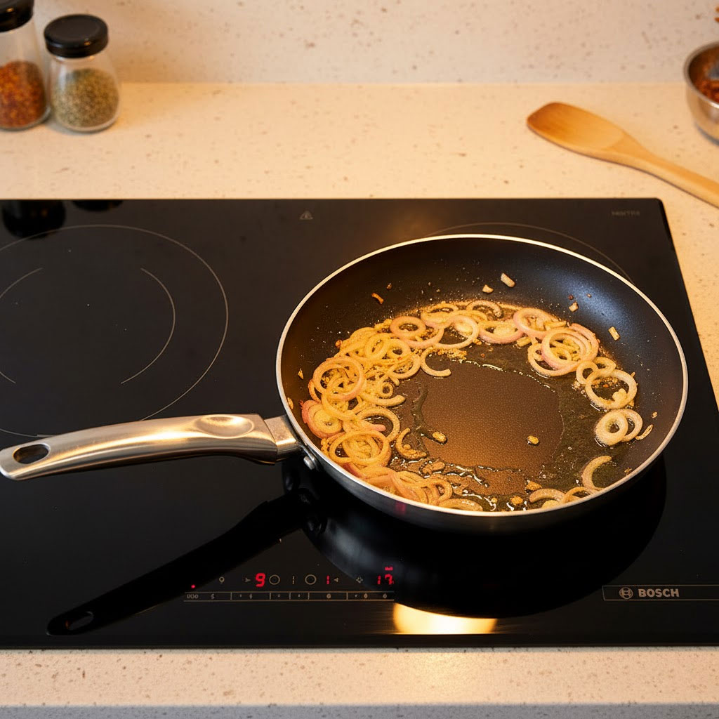 Bếp từ bosch cùng chảo đang phi hành tím, dầu ăn ánh vàng óng ánh lan tỏa khắp gian bếp Bếp từ bosch cùng chảo đang phi hành tím, dầu ăn ánh vàng óng ánh lan tỏa khắp gian bếp
