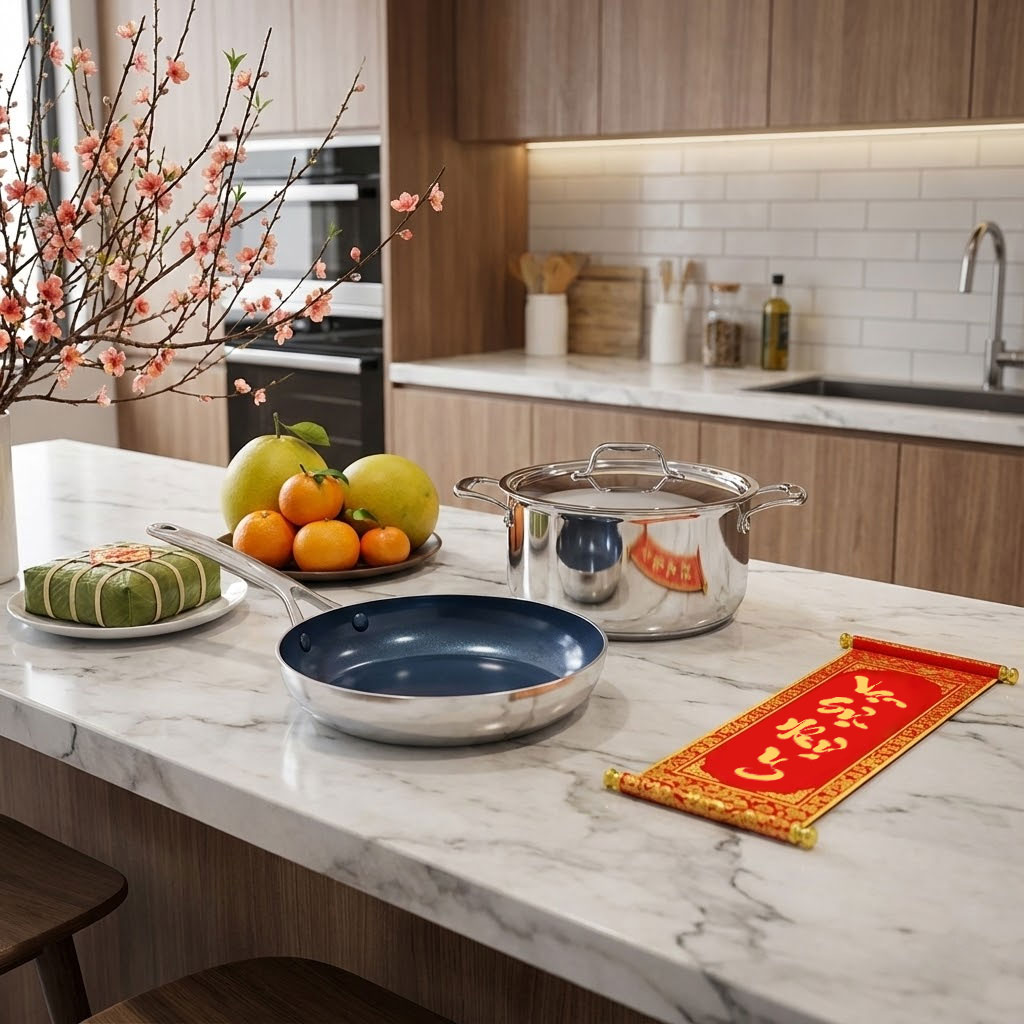 Bộ nồi chảo inox sáng bóng đặt trên bàn bếp hiện đại ngày Tết