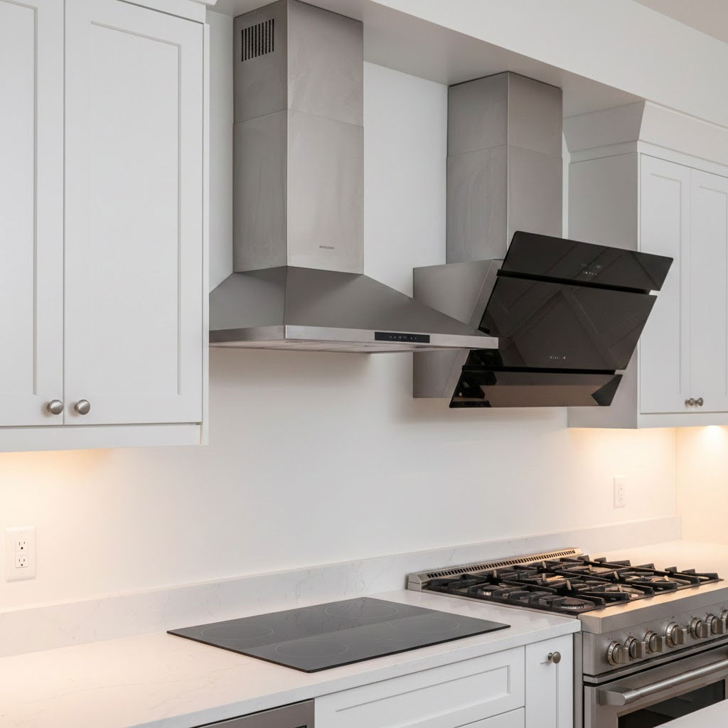 So sánh kiểu máy hút mùi âm tủ áp tường và kính vát trong bếp mẫu So sánh kiểu máy hút mùi âm tủ áp tường và kính vát trong bếp mẫu