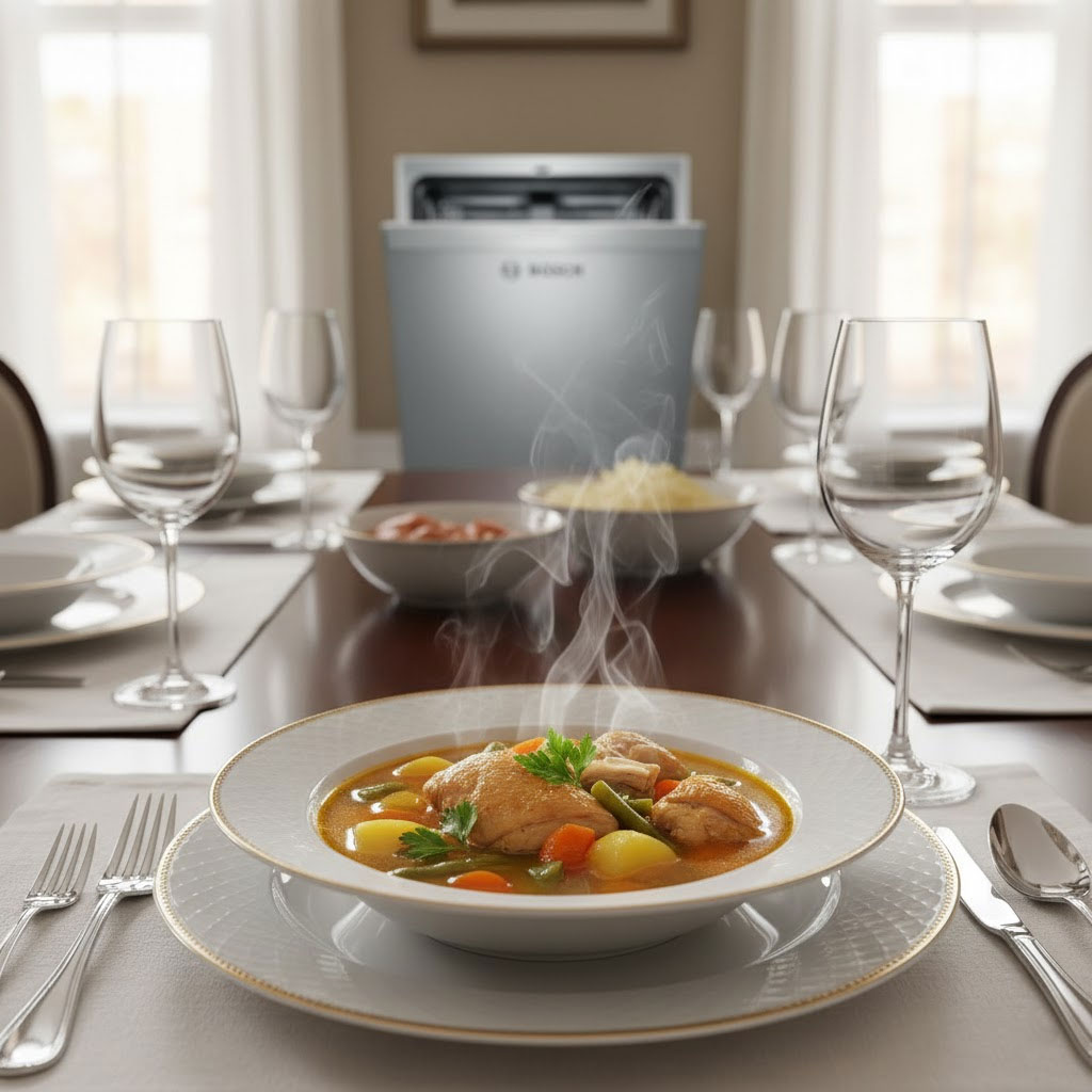 Bát canh gà hầm rau củ vàng trong được bày trên bàn ăn sang trọng Bát canh gà hầm rau củ vàng trong được bày trên bàn ăn sang trọng